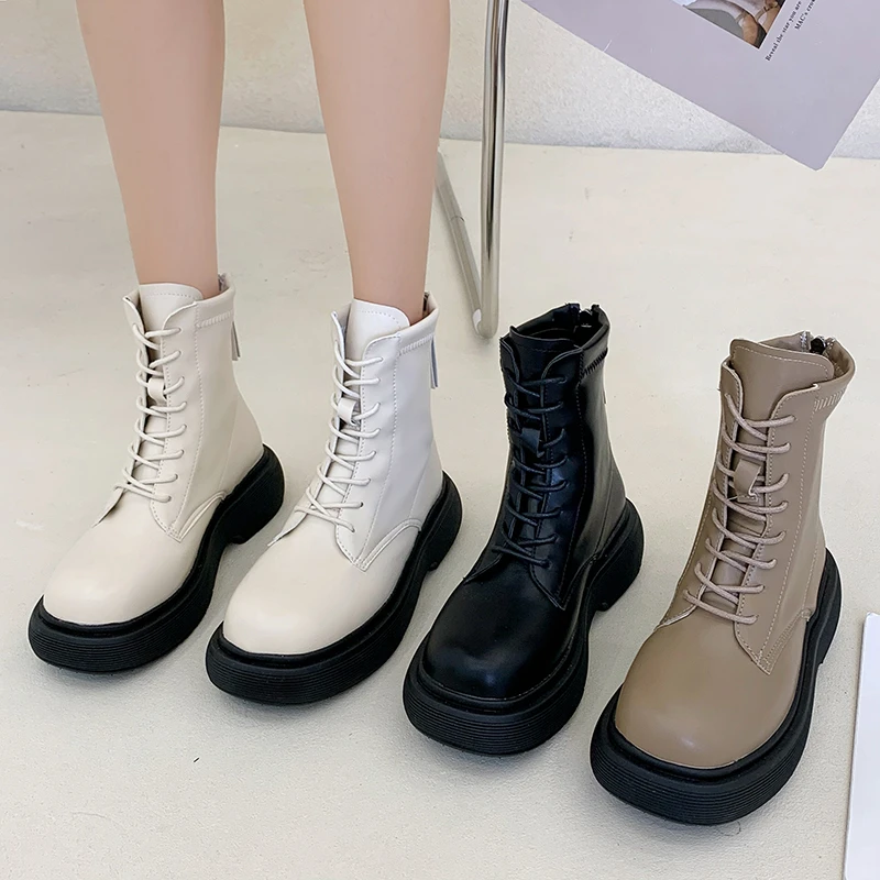 2022 NEW Chunky Platform Ankle Boots for Women Fashion Back Zipper Lace Up Motorcycle Boots Woman Pu Leather Square Heel Botas