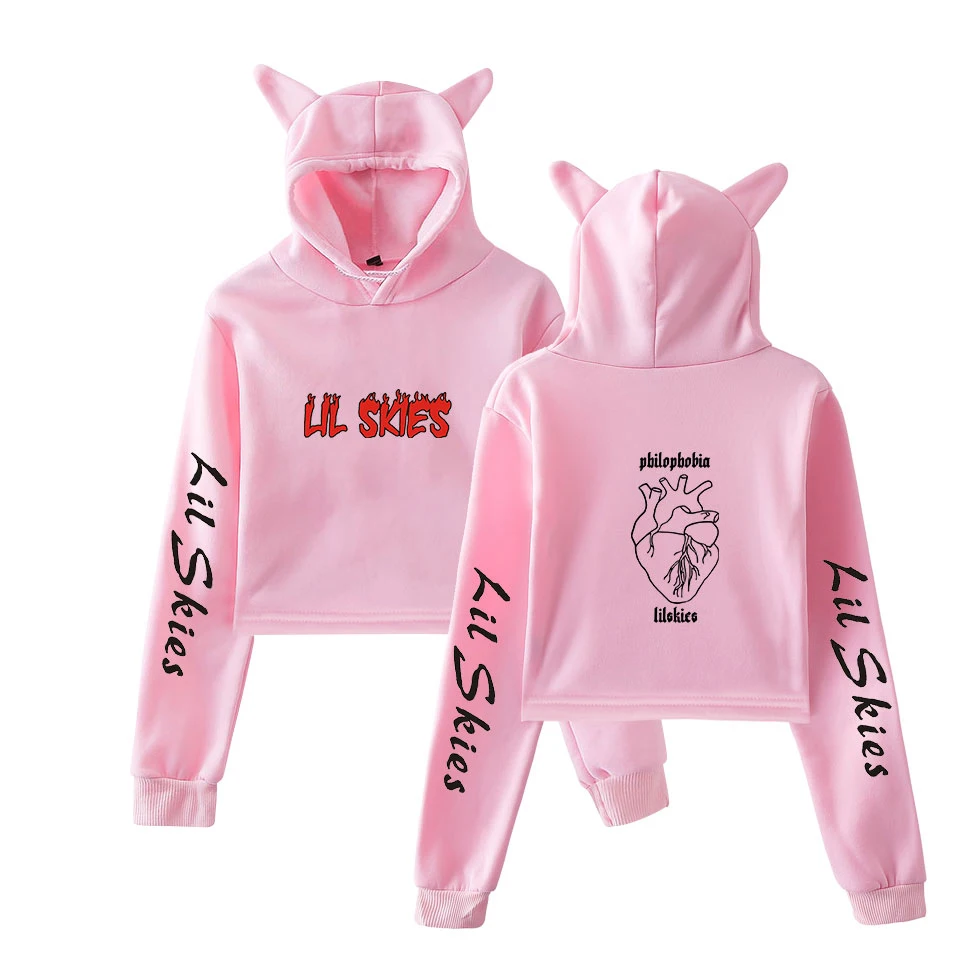 

Fashion Cat Ears Top Women Hoodies Sweatshirt Sexy Clothes Print Rapper Lil Skies 2020 New Casual Hooded Pullovers Female Short