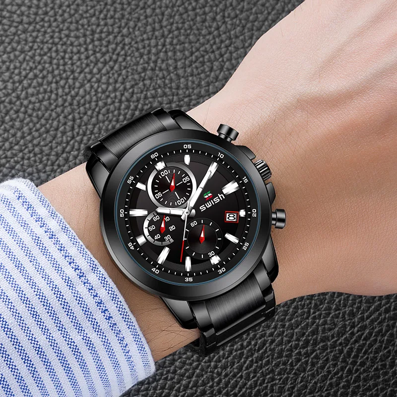 Часы наручные SWISH мужские с хронографом деловые повседневные водонепроницаемые