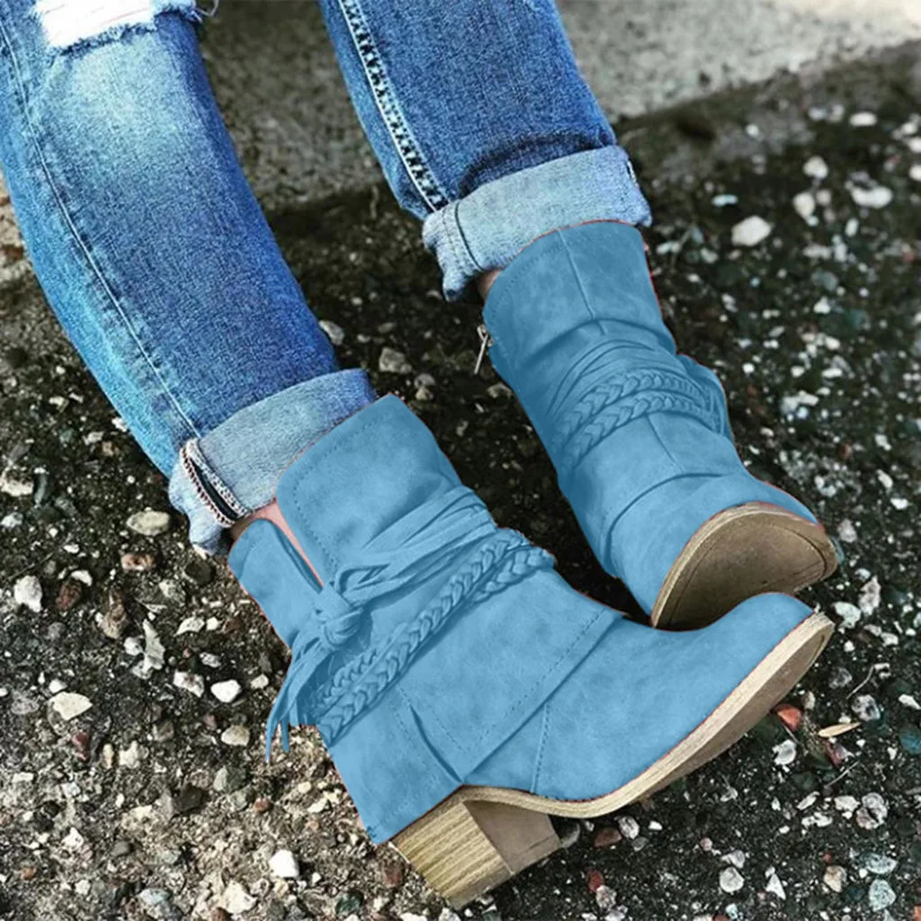 SAGACE Ladies Casual Vintage Roman Style Solid Color Lace Trim Knit Zipper Low Heel Booties Single Shoes | Спорт и развлечения