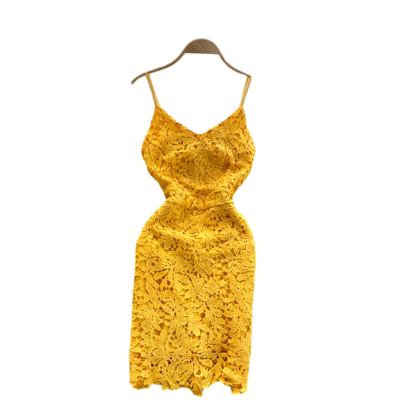 

2021 Spring Fashion New Hollow Lace Vestidos Femininity V-neck Sexy Halter Strap Mini Dress C340