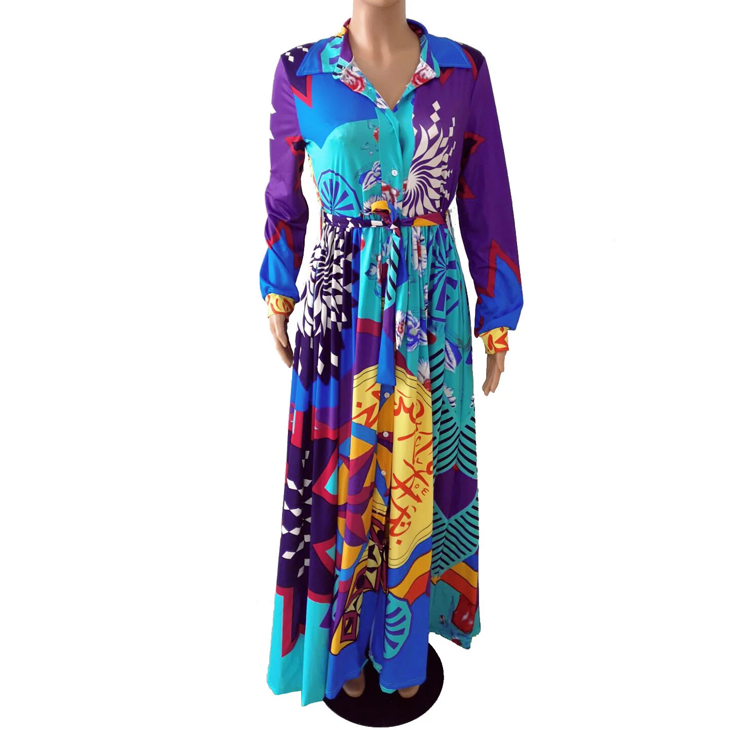 Весенне осеннее платье с длинными рукавами и принтом отложной воротник