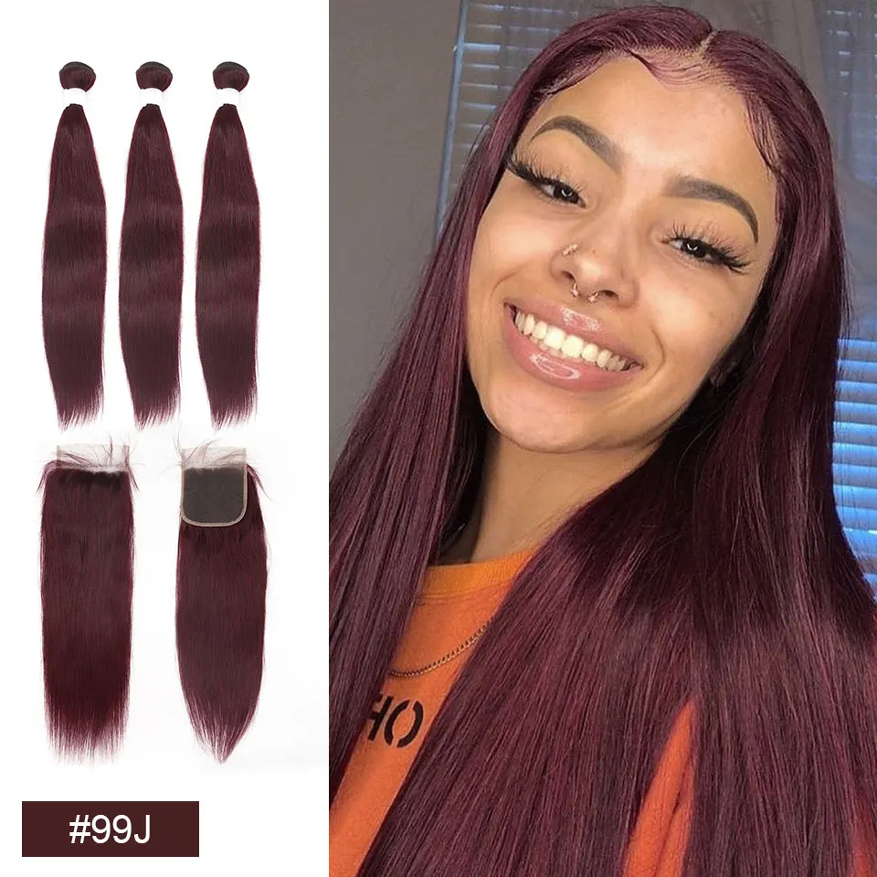 99J красные бордовые пряди с закрытием бразильские Прямые Натуральные кудрявые