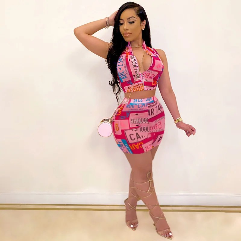 Letter print two piece set hot sale summer high street sexy lady zip fly short tops and skinng mini skirts women suit |