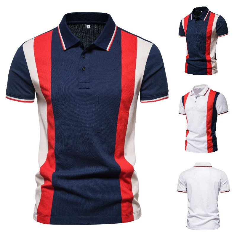 

2021 Summer New Men's Lapel Short Sleeve T-shirt Men's Fashion Color Stripe Splicing Polo Shirt