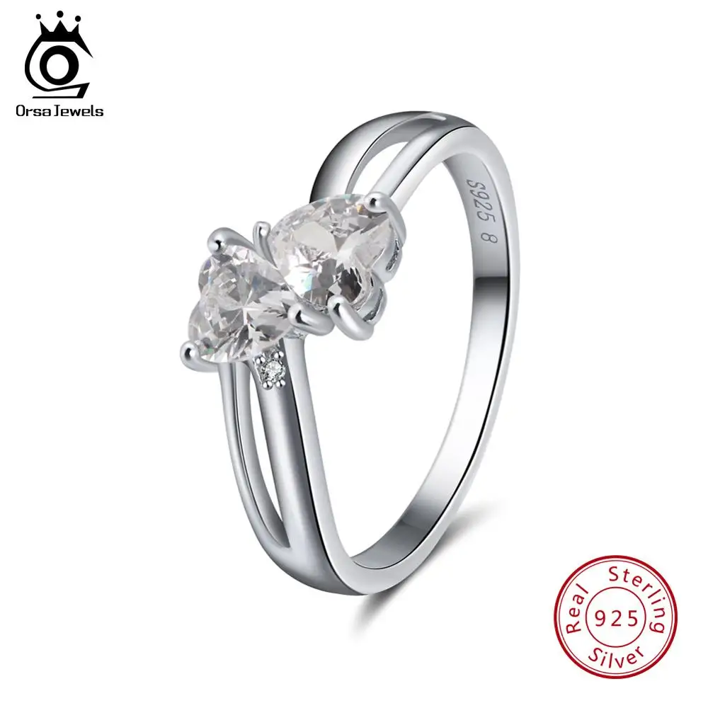 Clear CZ ORSA JEWELS однотонное 925 пробы Серебряное кольцо для женщин двойной поцелуй в форме сердца синий красный прозрачный фиолетовый CZ подарок на день Святого Валентина ASR58 - Цвет камня: Clear CZ
