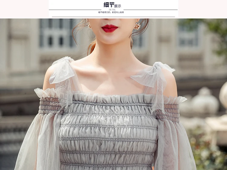 

Summer Vintage Sweet Slash Neck Shirt Women Flare Wrist Sleeve Bow Lace-up Solid Color Slim Shirts Mesh Fashion Sexy Shirt