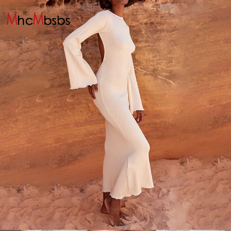 

Ribbed Backless Elegant Maxi Robe Women Solid Casual Bandage Dresses 2021 Autumn Long Sleeve Fairy Core Streetwear Vestidos