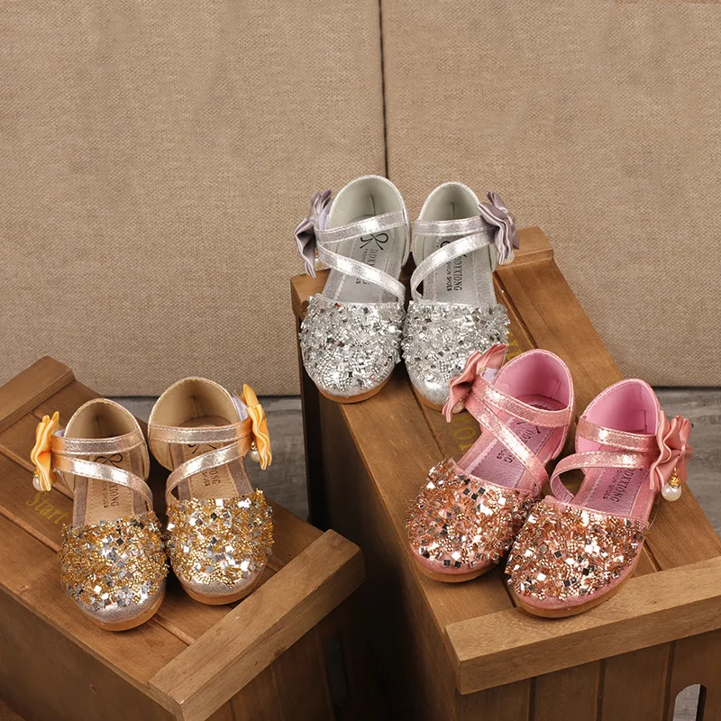 

Flower Children Girls Bowknot Sequins Glitter Princess Shoes For Kids Gold Silver Pink Party Wedding Performance Dress Shoes New