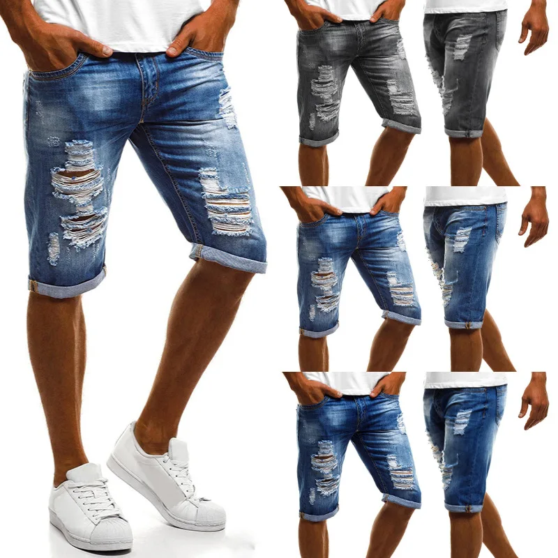 

Men's Denim Shorts Jeans Pockets Button Ripped Bleached Fashion Casual Mid Waist Men Summer Autumn Shorts Jeans Pants
