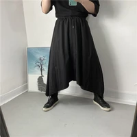 mens samurai trouser skirt spring and autumn new solid color elastic waist false two low grade design wide leg pants