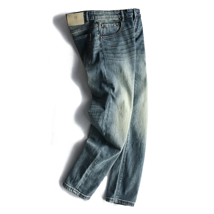 

2021 Autumn New Japanese Retro Light Blue Moustache Effect Washed Old Jeans Men's Fashion Simple Elastic Slim Straight Pants