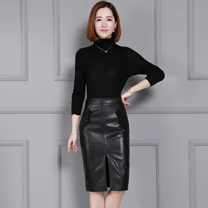 Новинка 2018 года кожаная юбка с высокой талией и запахом на бедрах K63 | Женская