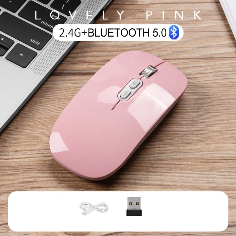 Lovely Pink Элегантная перезаряжаемая Bluetooth 5,0 Беспроводная Бесшумная оптическая мышь с двойным режимом 2,4G Бесшумная эргономичная мышь для ноутбука - Цвет: Lovely Pink