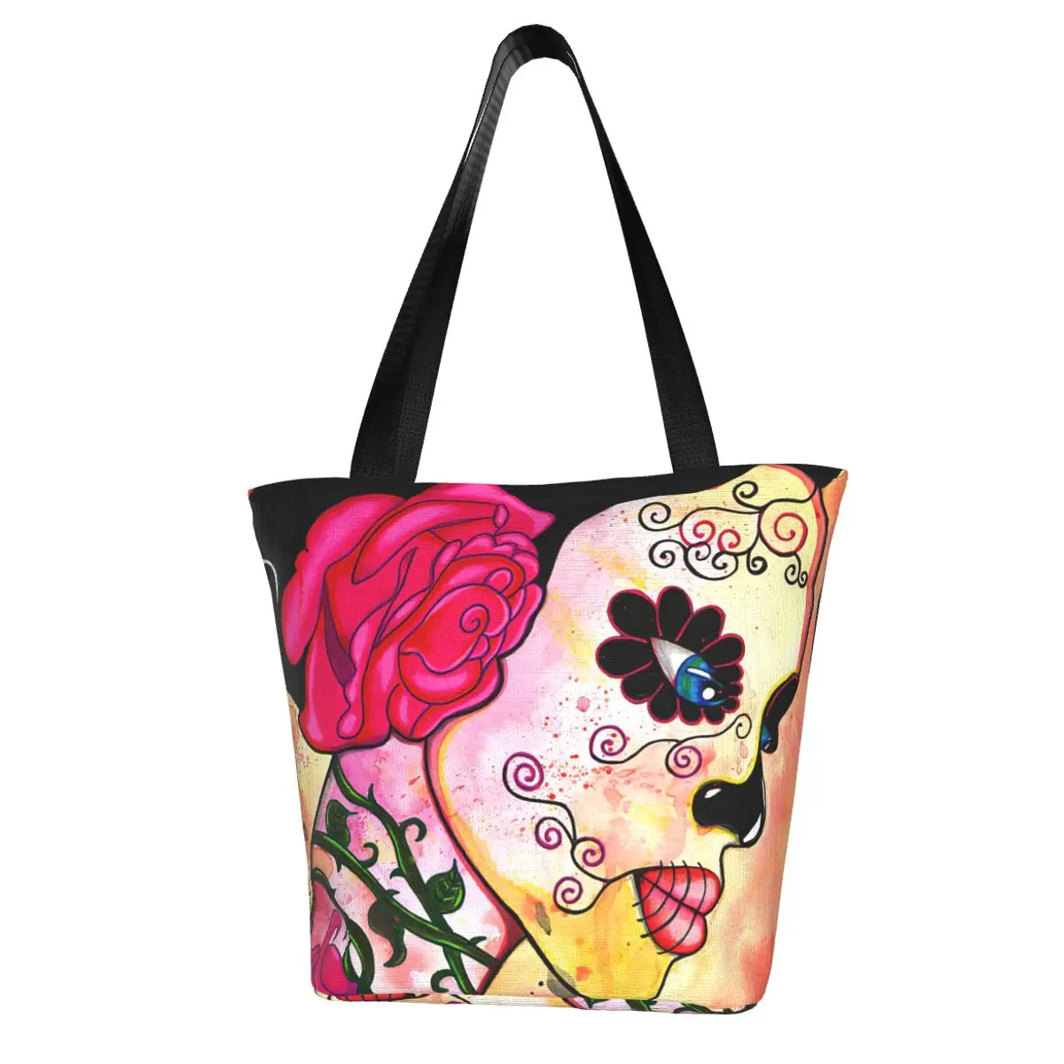 Mexican Skull,Rose Noose Shopping Bag Aesthetic Cloth Outdoor Handbag Female Fashion Bags