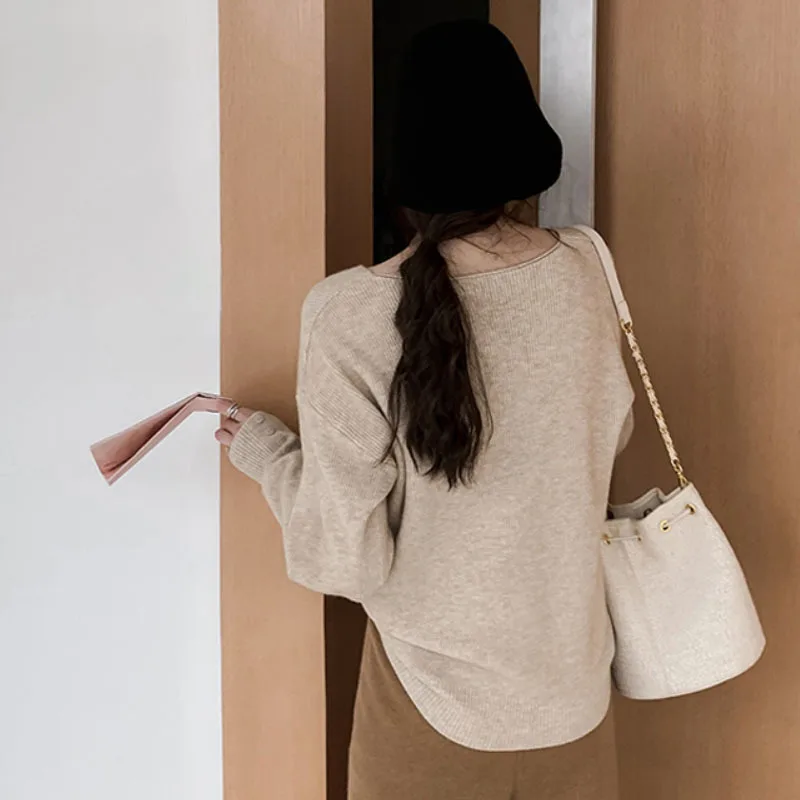 2022 Spring V-neck Female Pullover Sweaters Autumn Winter Full Sleeve Loose Women Knitted Jumpers Casual Elegant Lady Knitwear | Женская