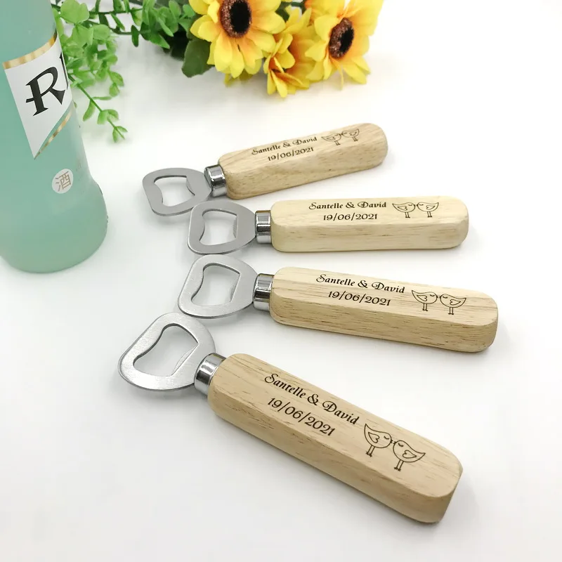 

200PCS Custom Printing Wood Handle Bottle Opener with Stainless Steel Wedding Beer Openers Bar Party Giveaways Dropp Shipping