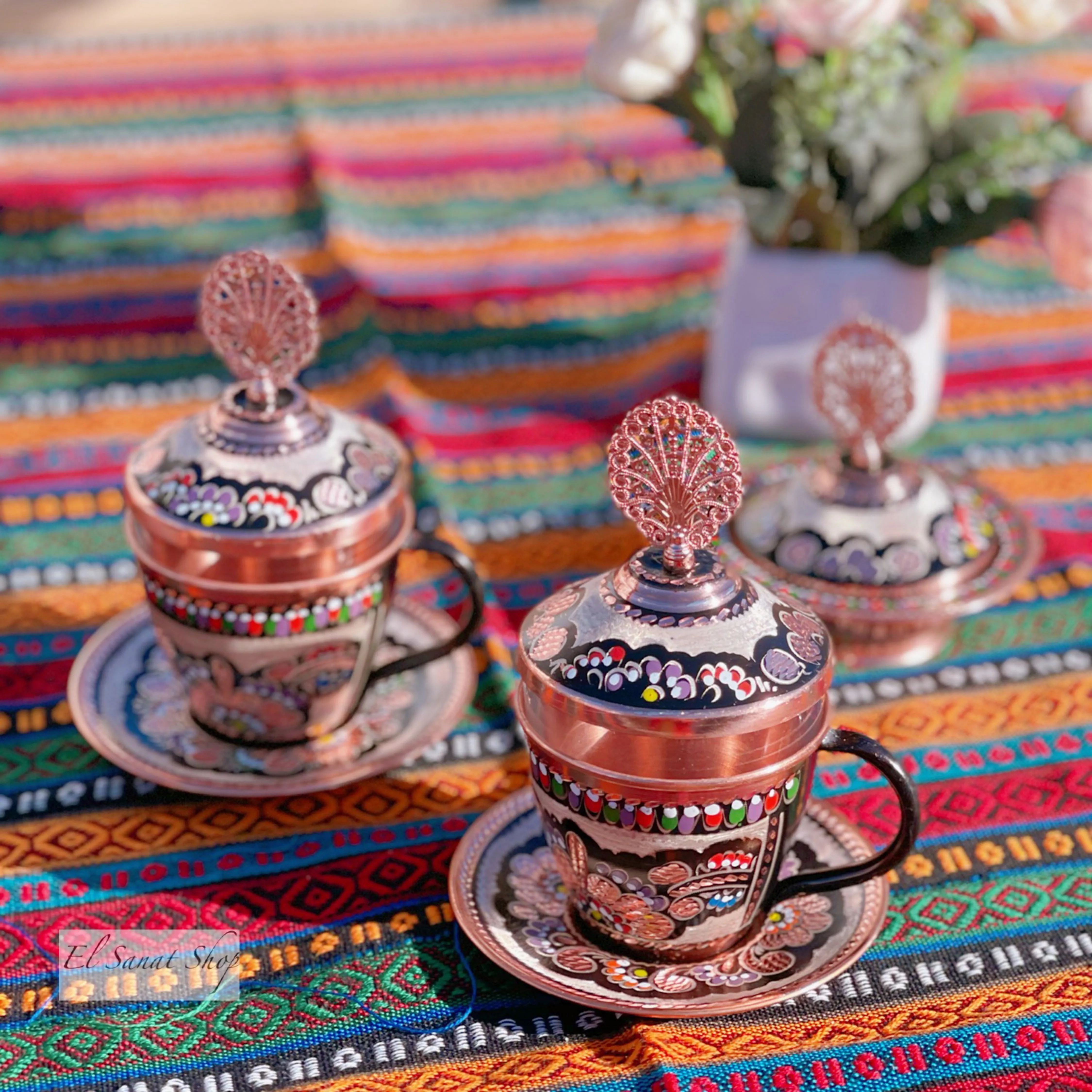 

Turkey Imported Handmade Carved Painted Purple Copper Coffee Cup Tea Cup Sucrier Double Set