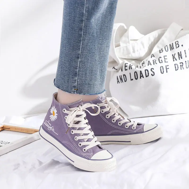 

XIZOU 2021 NEW Purple High-top Women Canvas Shoes High Quality Women Casual Shoes Canvas Rubber Female Flat Shoes