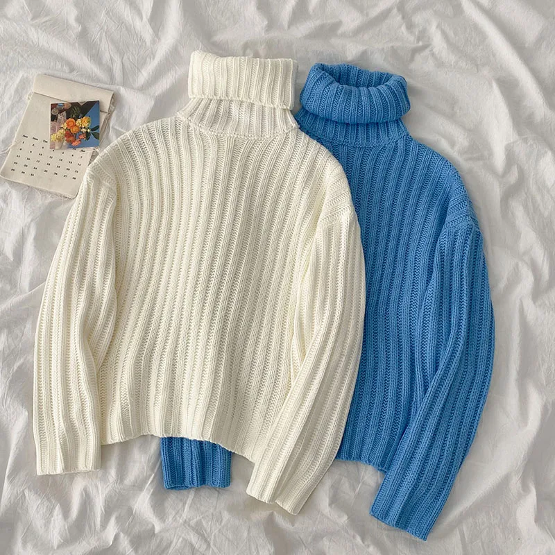 

Autumn Winter Blue White Knitted Sweaters Women Long Sleeve Turtleneck Pullovers Tops Casual All Match Ins Street Loose Clothing