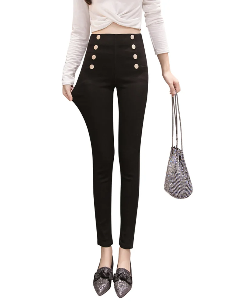 

Spring Autumn Plus Velvet Women's Black Pencil Pants High Waist Double Breasted Leggings Outer Wear Tight Stretch Pants for Lady