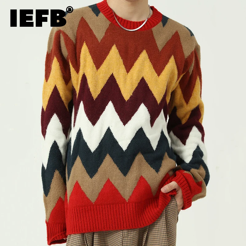 

Мужской свитер IEFB с цветными блоками в стиле пэчворк, полосатый винтажный осенне-зимний новый вязаный свитер, корейский тренд, Свободный пу...