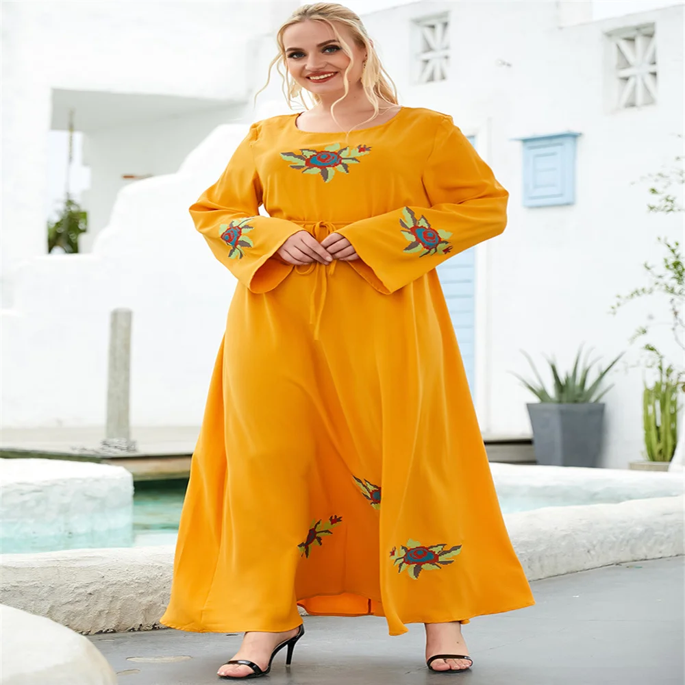 

Fashion Casual Long Dresses for Muslim Women Long Sleeves Solid Plant Embroidery Belt Ankle Length Loose Wholesale Dropshipping