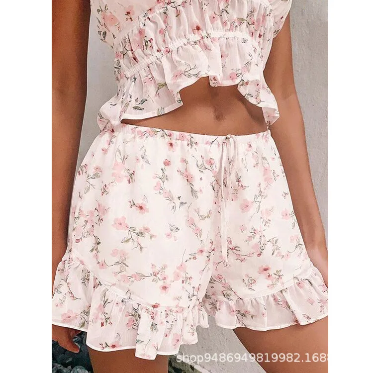 

2021 Summer New Floral Suspender Shorts Suit Ladies Pajamas Two-piece Casual Home Service sexy