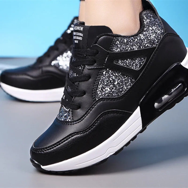 Bling Platform Wedge Sneakers Leather Casual Shoes for Women Black White Sneakers Lace-up Chunky Shoes Women Sport Sneakers
