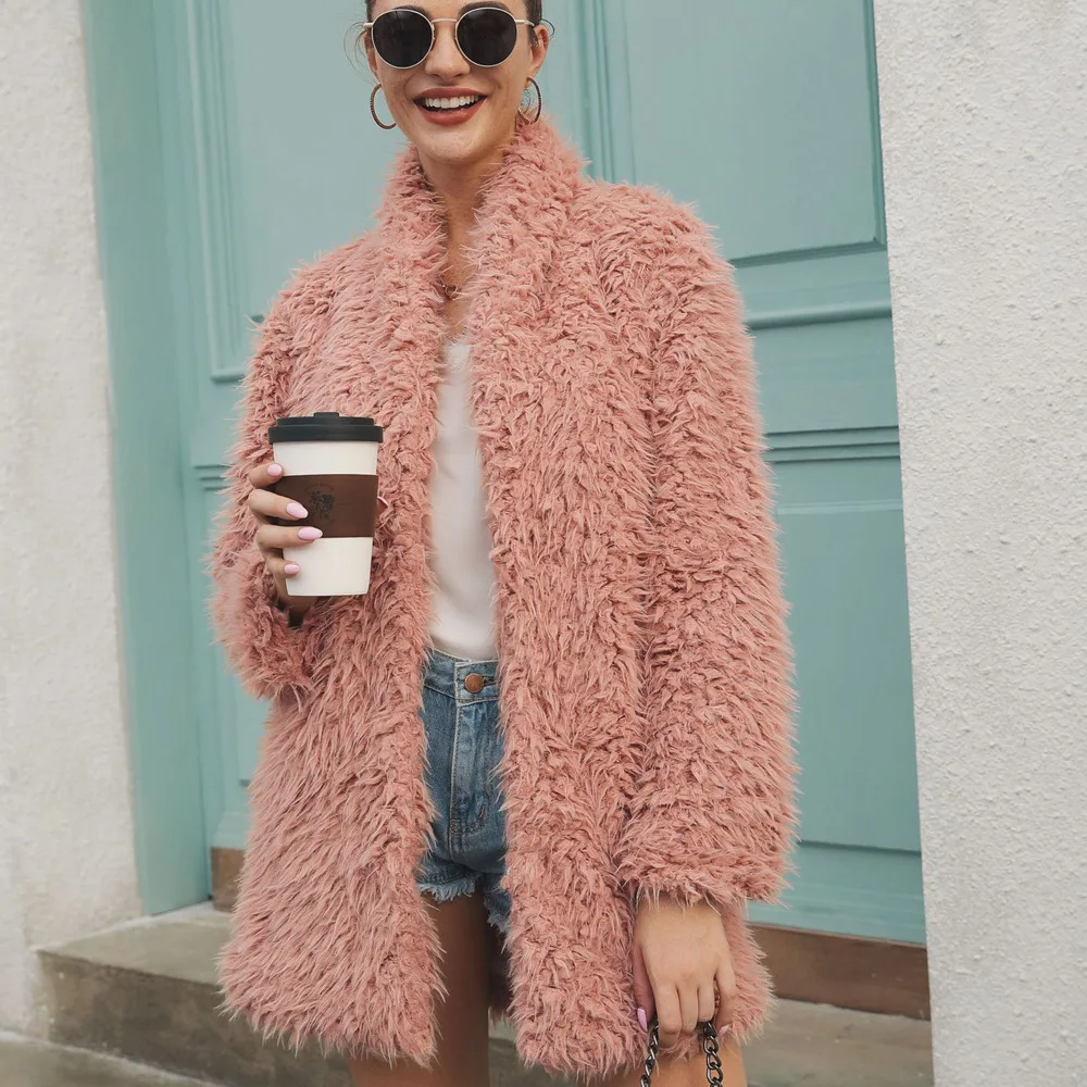 

Winter Coat for Women Solid Mid Length Womens Faux Fur Fur Long Sleeved Coat for Women