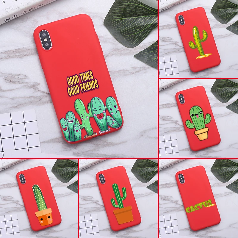 

Funny Cartoon Cactus Phone Case For iPhone XS MAX 11 Pro X XR 7 8 6 Plus Candy Color red Soft Silicone Cover