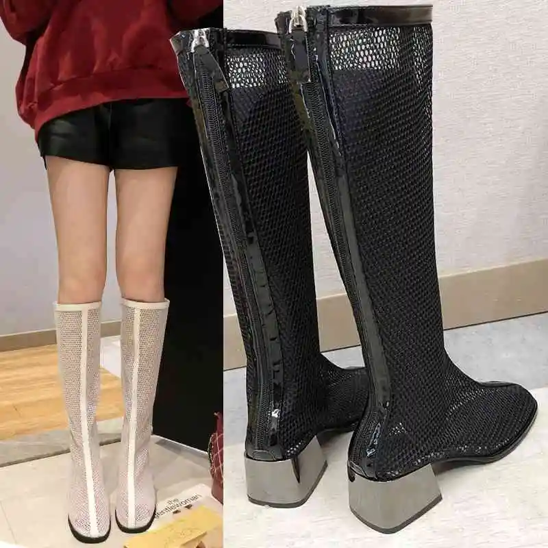 Новые модные летние сапоги сетчатые сандалии женская обувь Открытые до колена