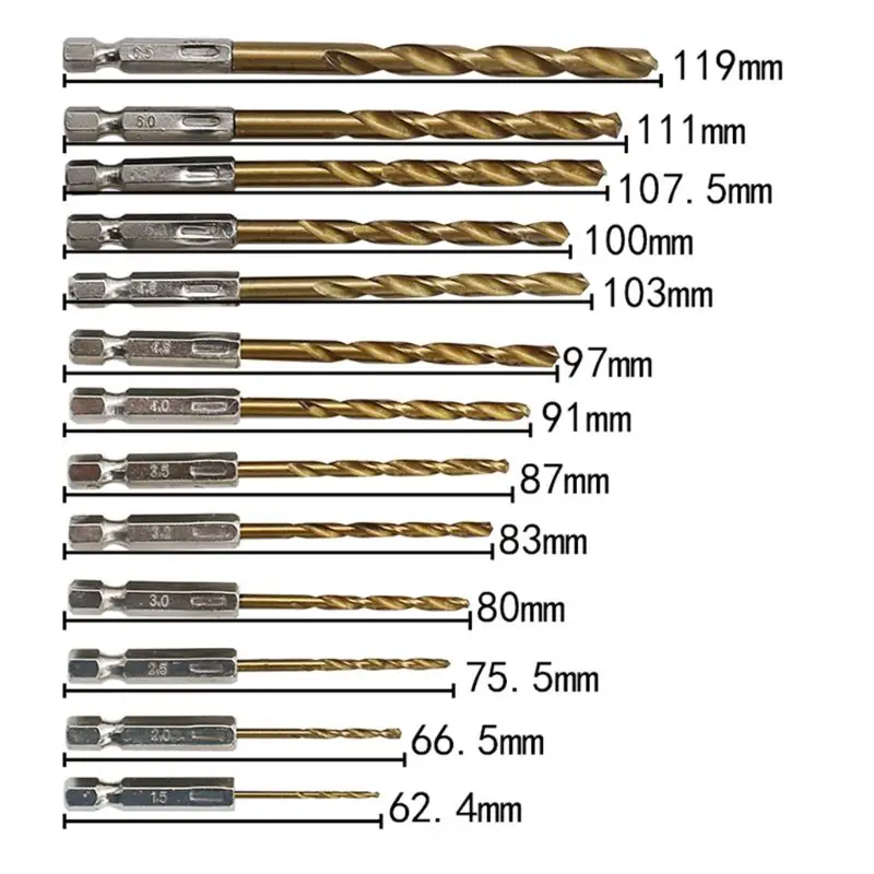 

13PCS/SET 1.5-6.5MM HSS High Speed Steel Titanium Coated 1/4 Hex Shank Drilling Bit Set Tools