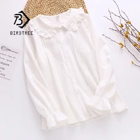 2021 spring new women peter pan collar cotton white shirt with tie long sleeve lace blouse autumn solid sweet cute girls tops t0