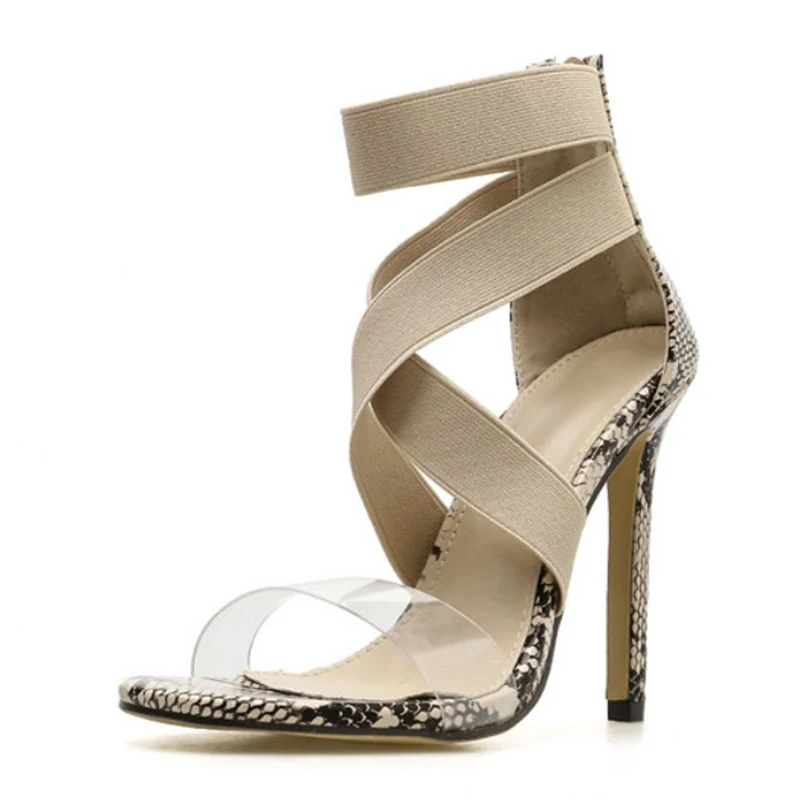 Пикантные женские босоножки Туфли на каблуке из змеиной кожи прозрачные летние
