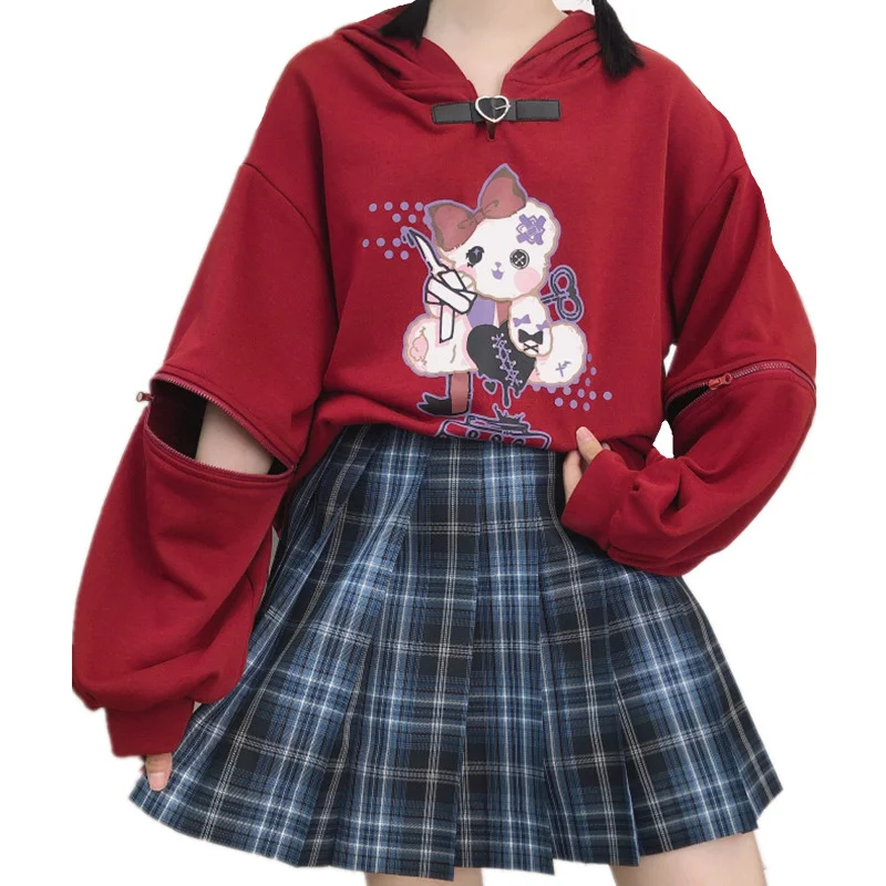 

2020 Autumn Sleeves Detachable Bear Print Pullover Hooded Sweatshirt Sweet Women Kawaii Buckle Neck Hoody Teenager Girl Outwear