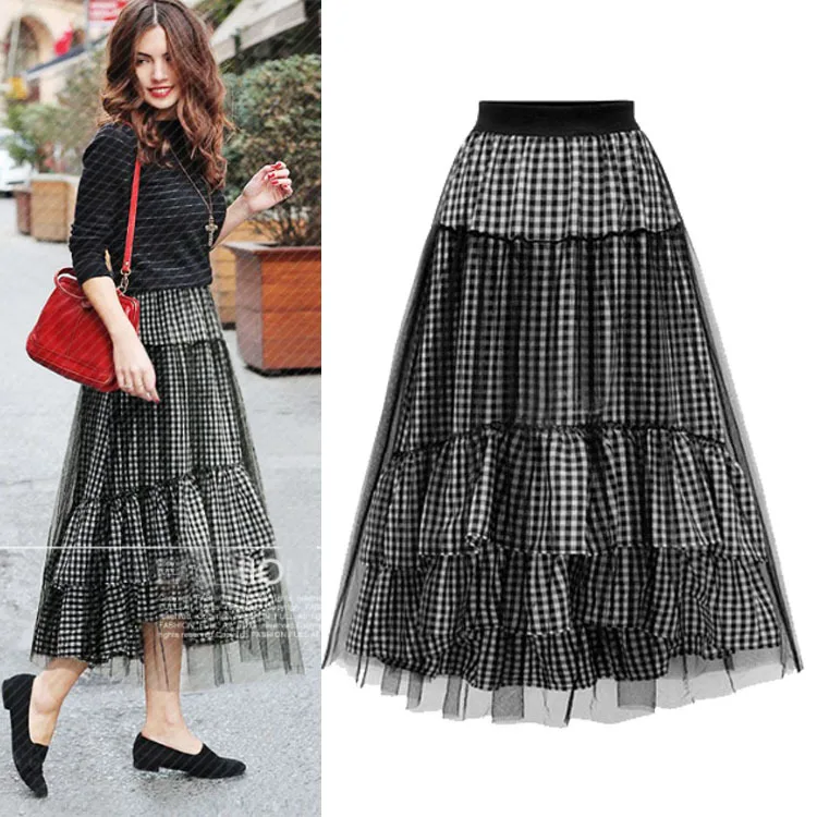 Юбка женская плиссированная длинная в клетку черная сетчатая школьная