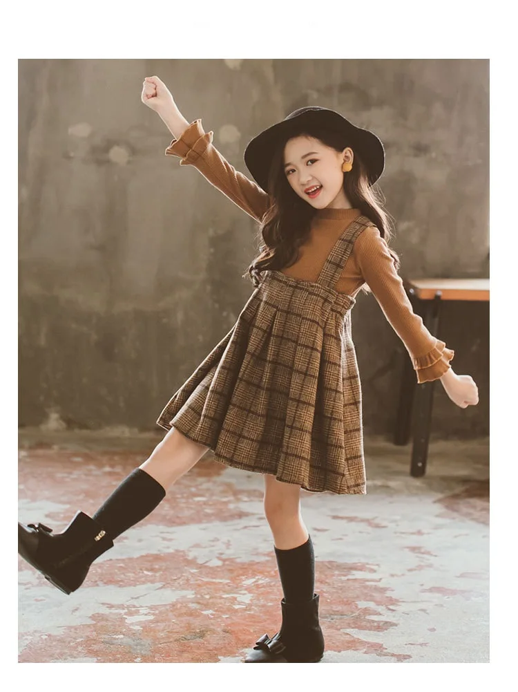 

Children's Suit Two - Piece Dress for Girls With Plaid Suspenders