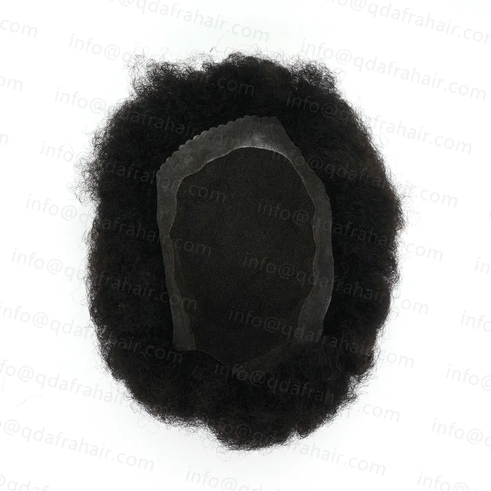 

Hstonir 7x9.5" 1B# Men Afro Toupee Swiss Lace with Poly Super Curl Indian Remy Hair Toupee Mens Hair Piece H061