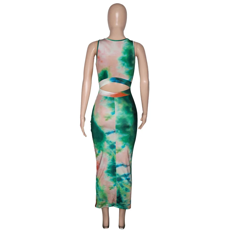 

Donsignet Fashion Women's Dress New Summer Casual Round Neck Hollow Sexy Sling Tie-dye Printing Sleeveless Dress