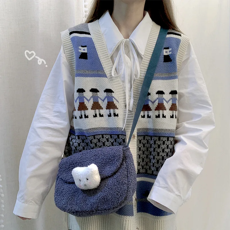 

2021 Korean Style Autumn Winter Korean Loose Sleeveless Knitted Cardigan Waistcoat Coat Fashion Embroidery Sweater Vest Women