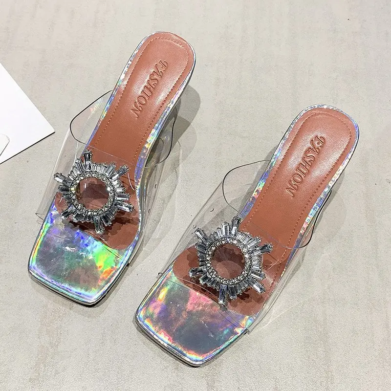 

PVC Transparent Crystal Sun Flowers Buckle Womens Slippers Summer Square Toe Ladies High Heels Sandals Shoes Zapatillas Mujer