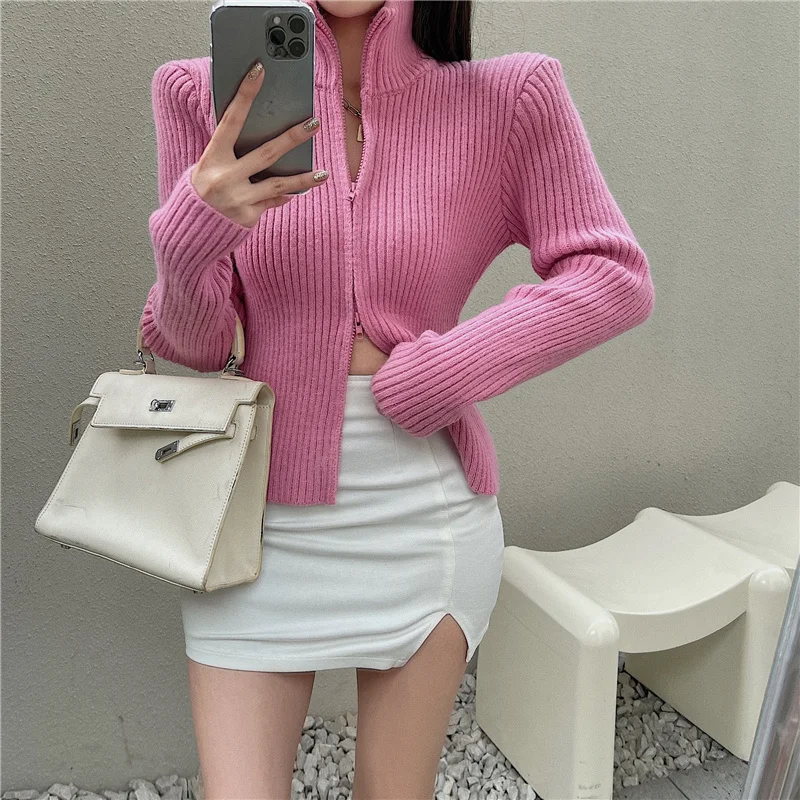 

Autumn Winter Sweater Women Turtleneck Korean Ins Soft Waxy Vertical Stripes Slim Solid Double Zipper Knitted Cardigan Jacket