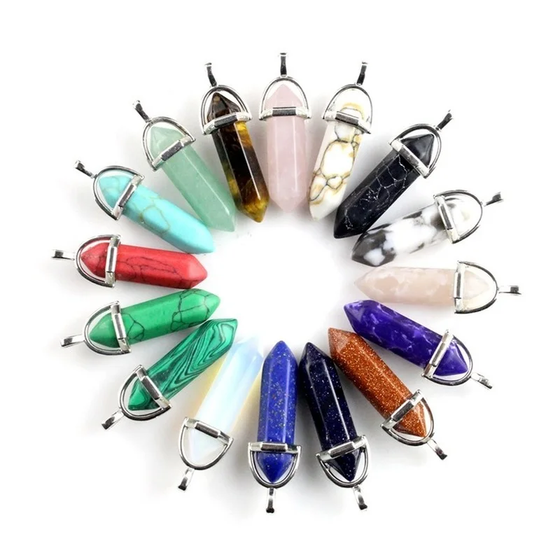 2021 Мода натуральный камень кулон кожаное ожерелье шестигранная колонна пуля