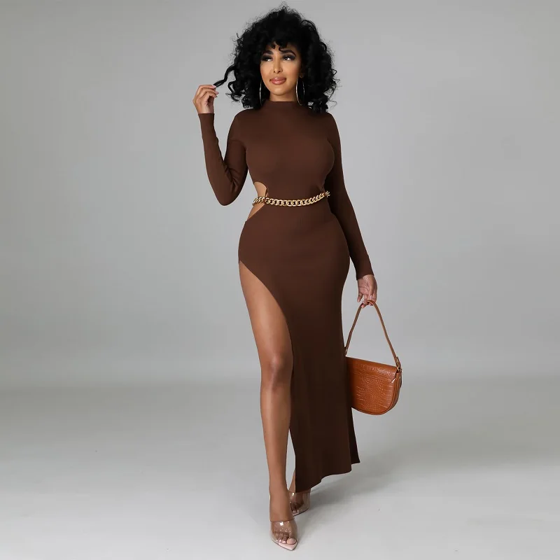 

Fall 2021 Fashion Women's Commuter Workplace Half High Neck Tight Knit Dress Sexy Half-Naked Back High Slit Ankle-Length Dress