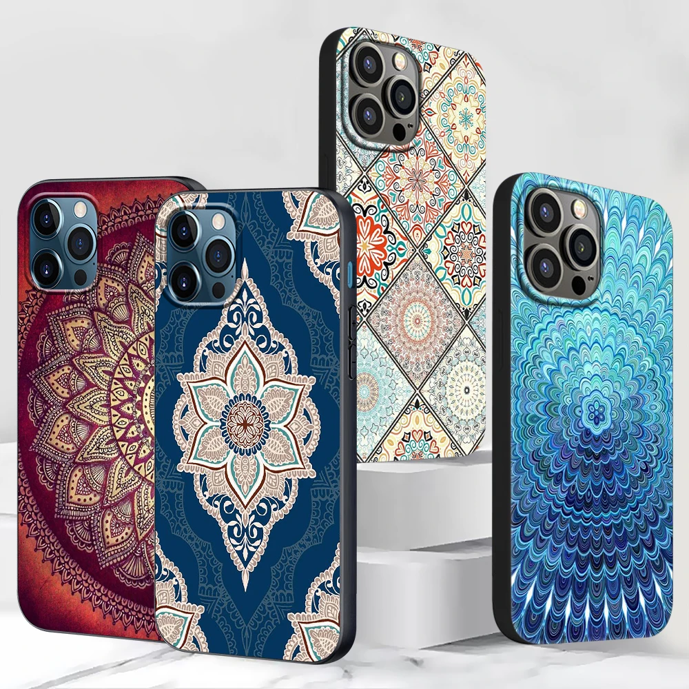 

Phone Case For iPhone 13 11 12 Pro Max Casing XR 7 8 + X 6 6S Plus XS 5 5s SE 2020 Black Soft Cover Shell Indian Pattern Mandala