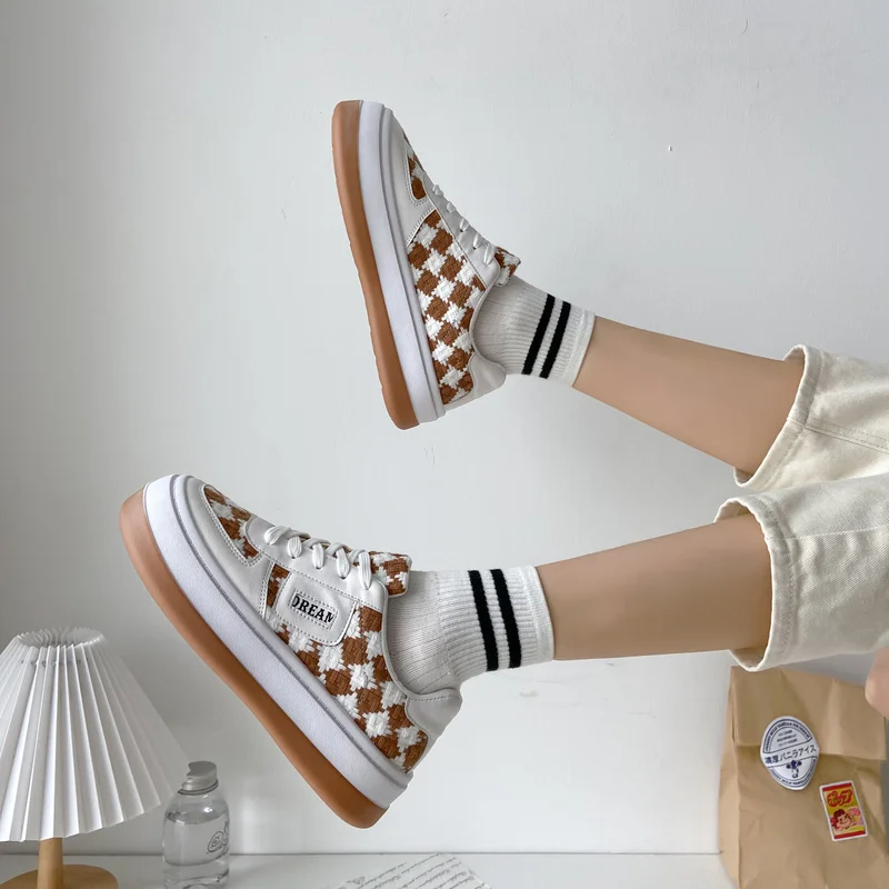 Кеды женские холщовые на платформе повседневные кроссовки в клетку кавайная
