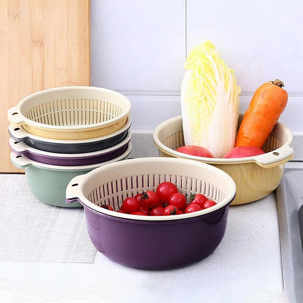 2Pc Kitchen Drain Basket Bowl Rice Washing Colander Baskets Strainer Noodles Vegetables Fruit Double Storage Baske | Дом и сад