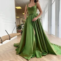 a line green evening dress spaghetti strap sweep train side slit sleeveless bows button sexy formal gowns custom