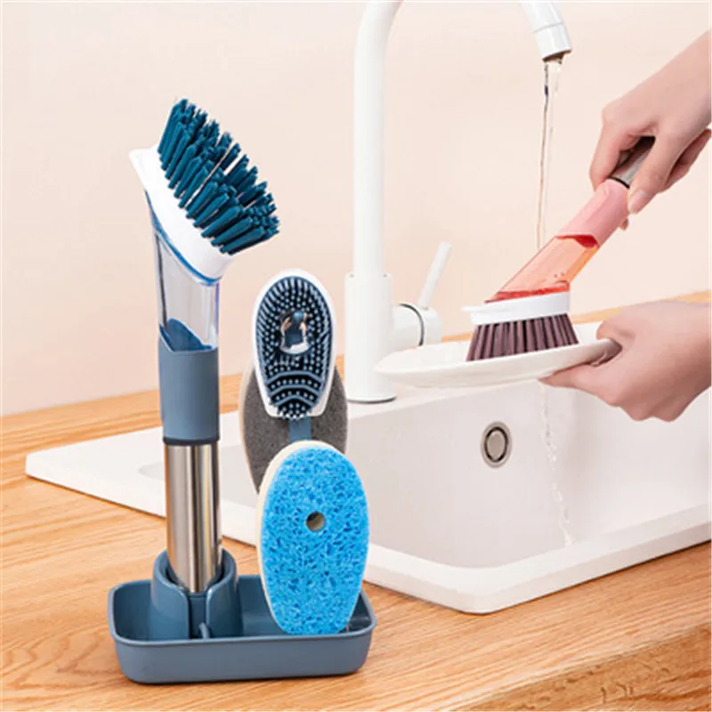 

Kitchen Cleaning Brush 4 In 1 Long Handle Cleaing Brush with Removable Brush Sponge Dispenser Dishwashing Brush Kitchen Tools